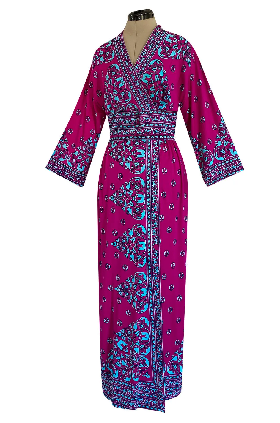1970s Maurice Bright Fuchsia Pink & Brilliant Turquoise Print Jersey Dress