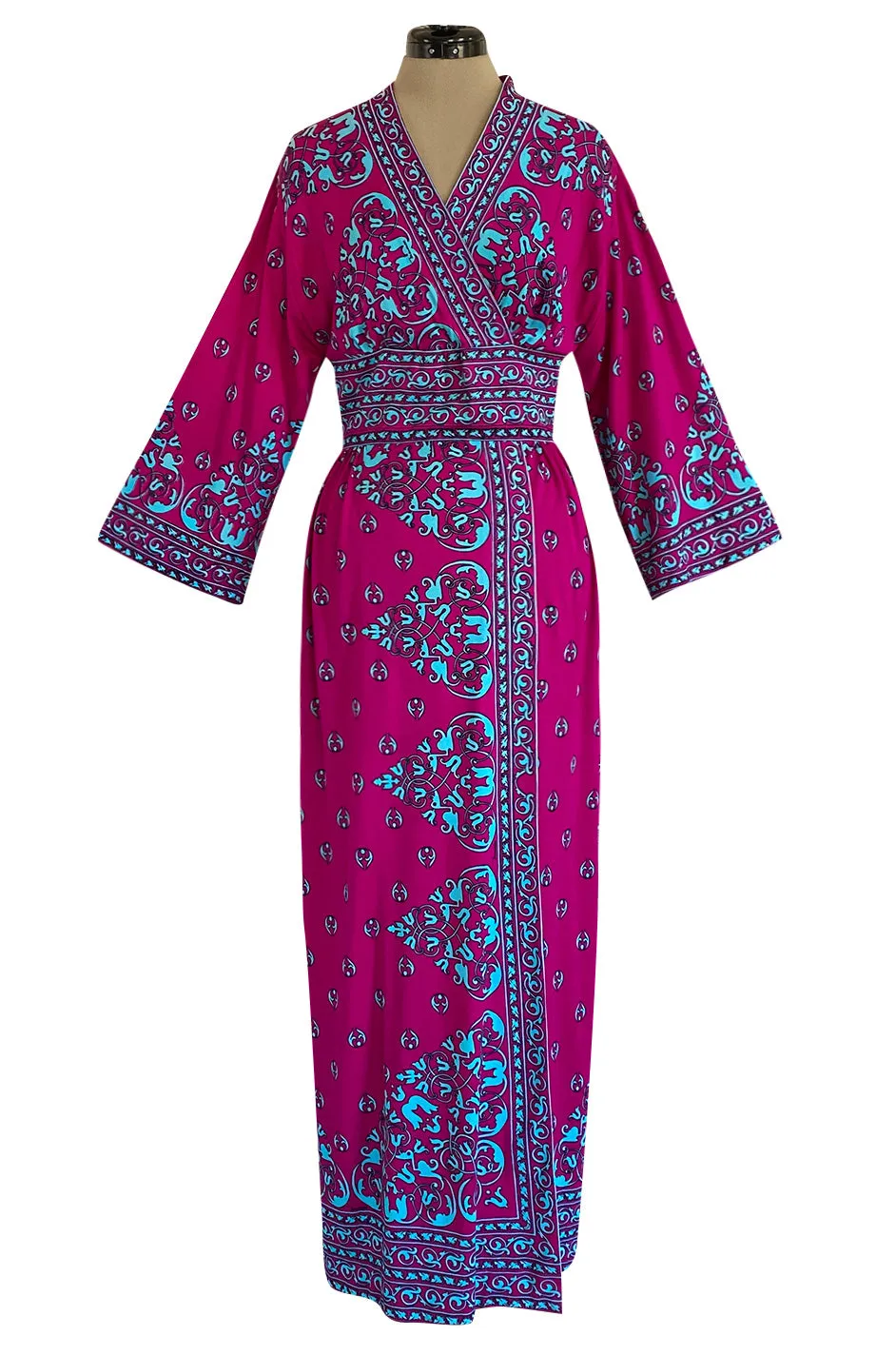 1970s Maurice Bright Fuchsia Pink & Brilliant Turquoise Print Jersey Dress