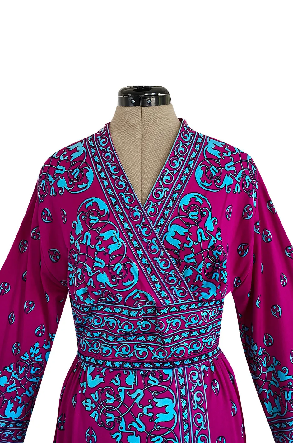 1970s Maurice Bright Fuchsia Pink & Brilliant Turquoise Print Jersey Dress