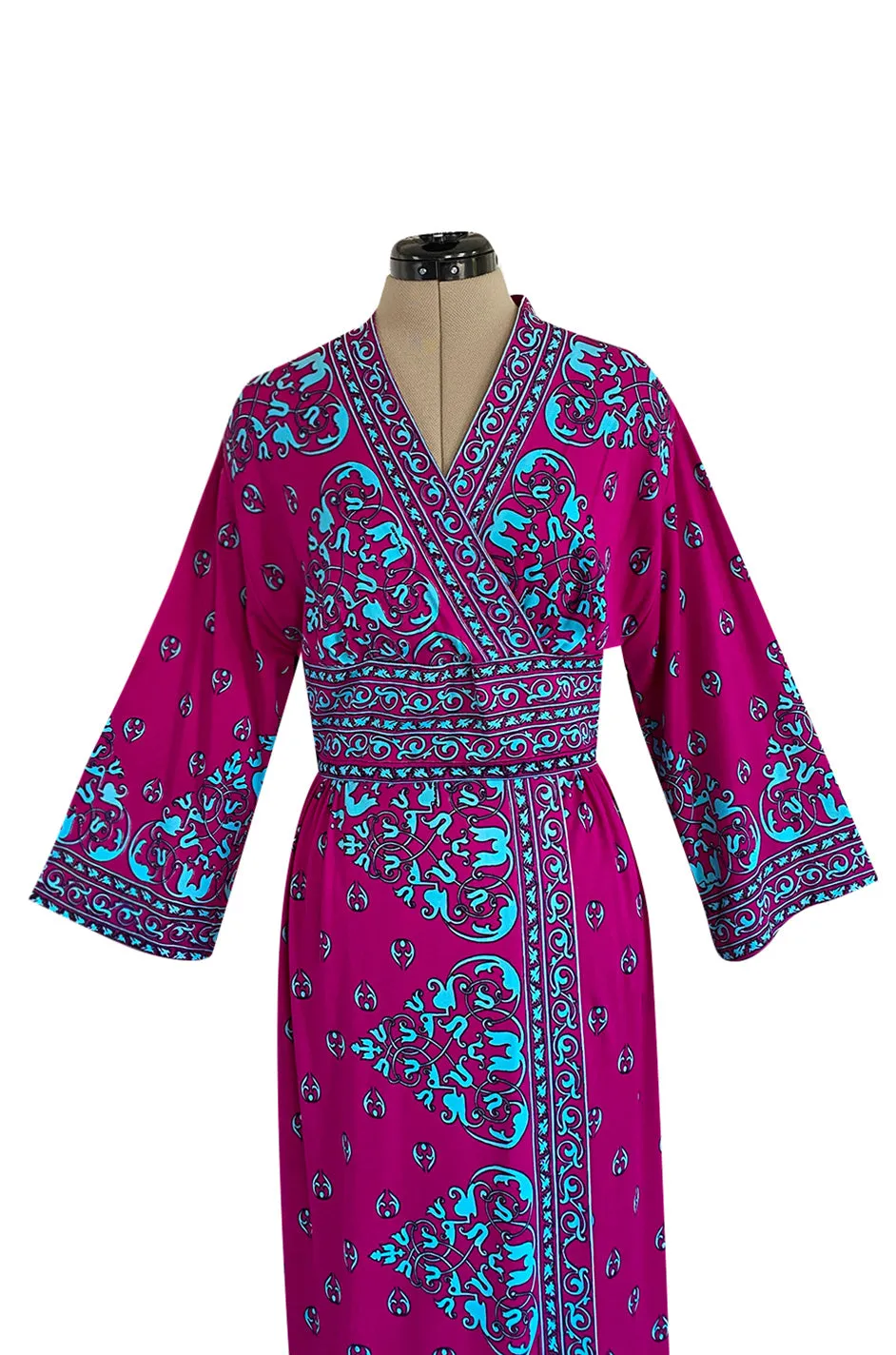 1970s Maurice Bright Fuchsia Pink & Brilliant Turquoise Print Jersey Dress