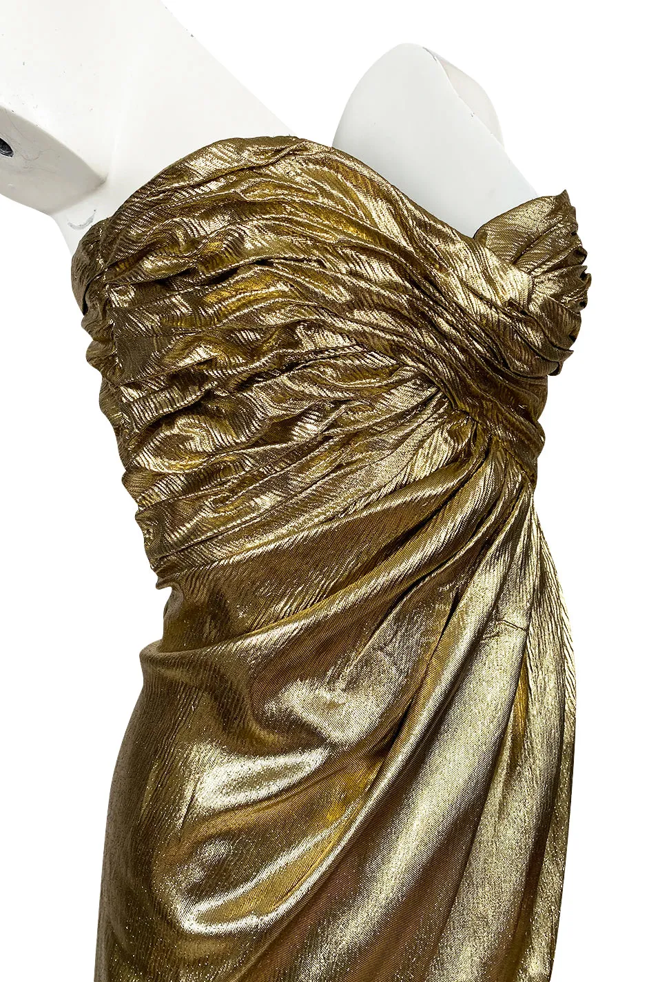 1970s Robert David Morton Gold Lame Strapless Gathered Bodice Dress