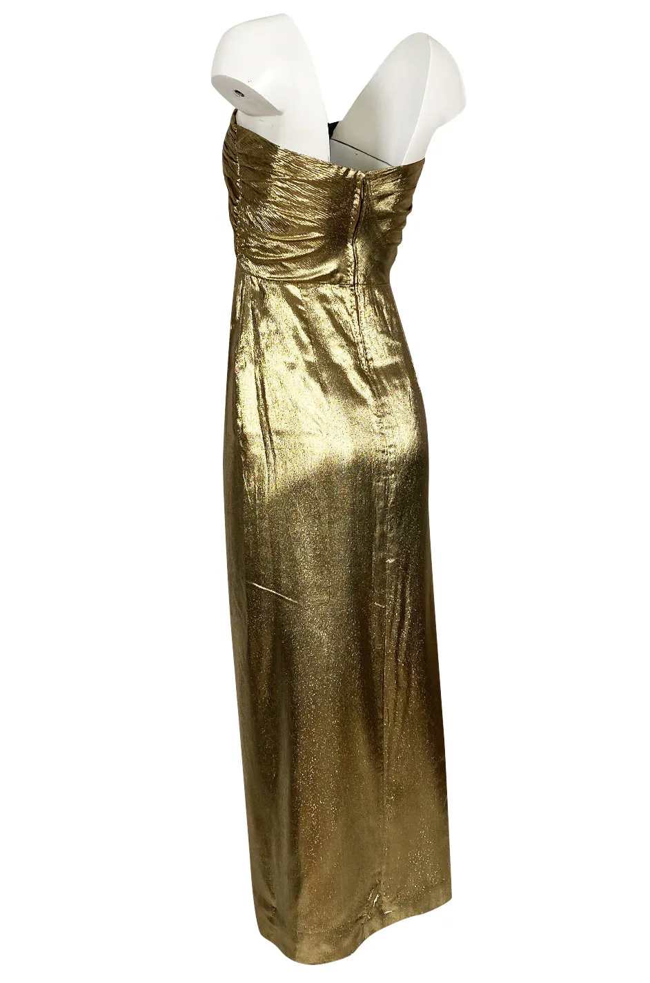 1970s Robert David Morton Gold Lame Strapless Gathered Bodice Dress