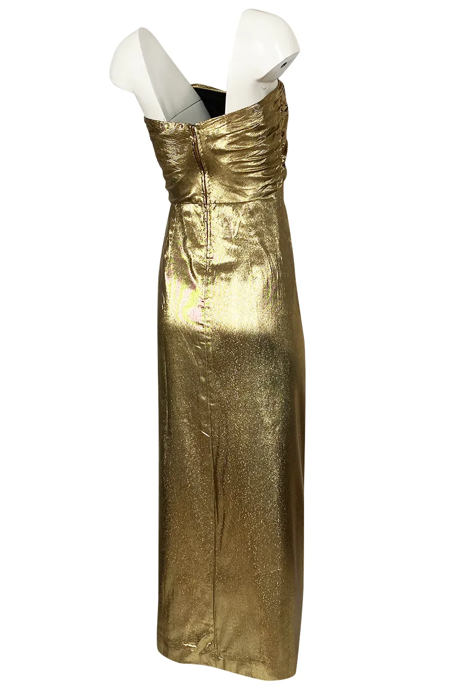1970s Robert David Morton Gold Lame Strapless Gathered Bodice Dress