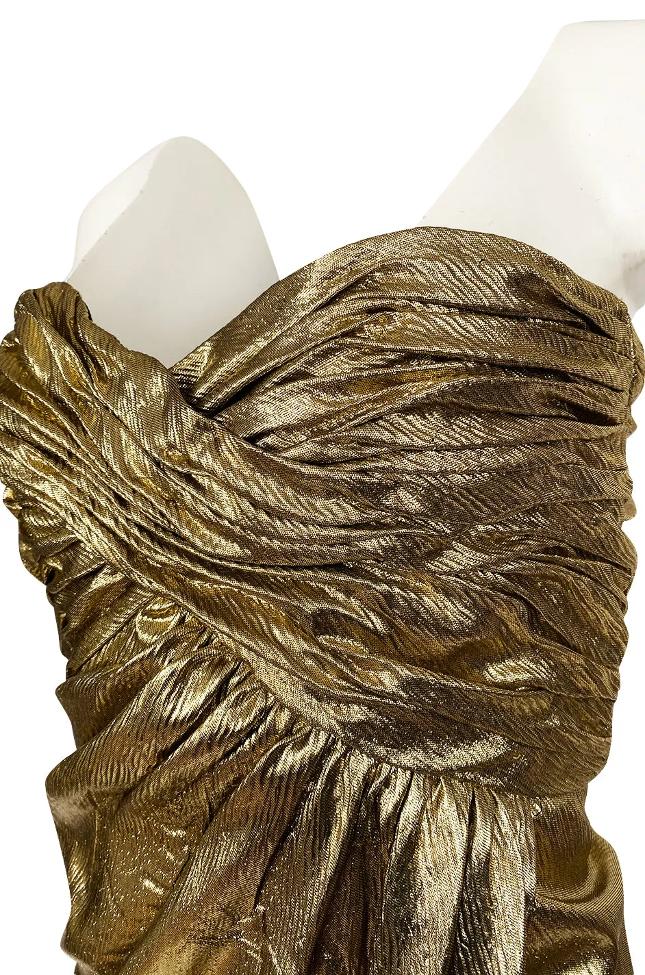 1970s Robert David Morton Gold Lame Strapless Gathered Bodice Dress