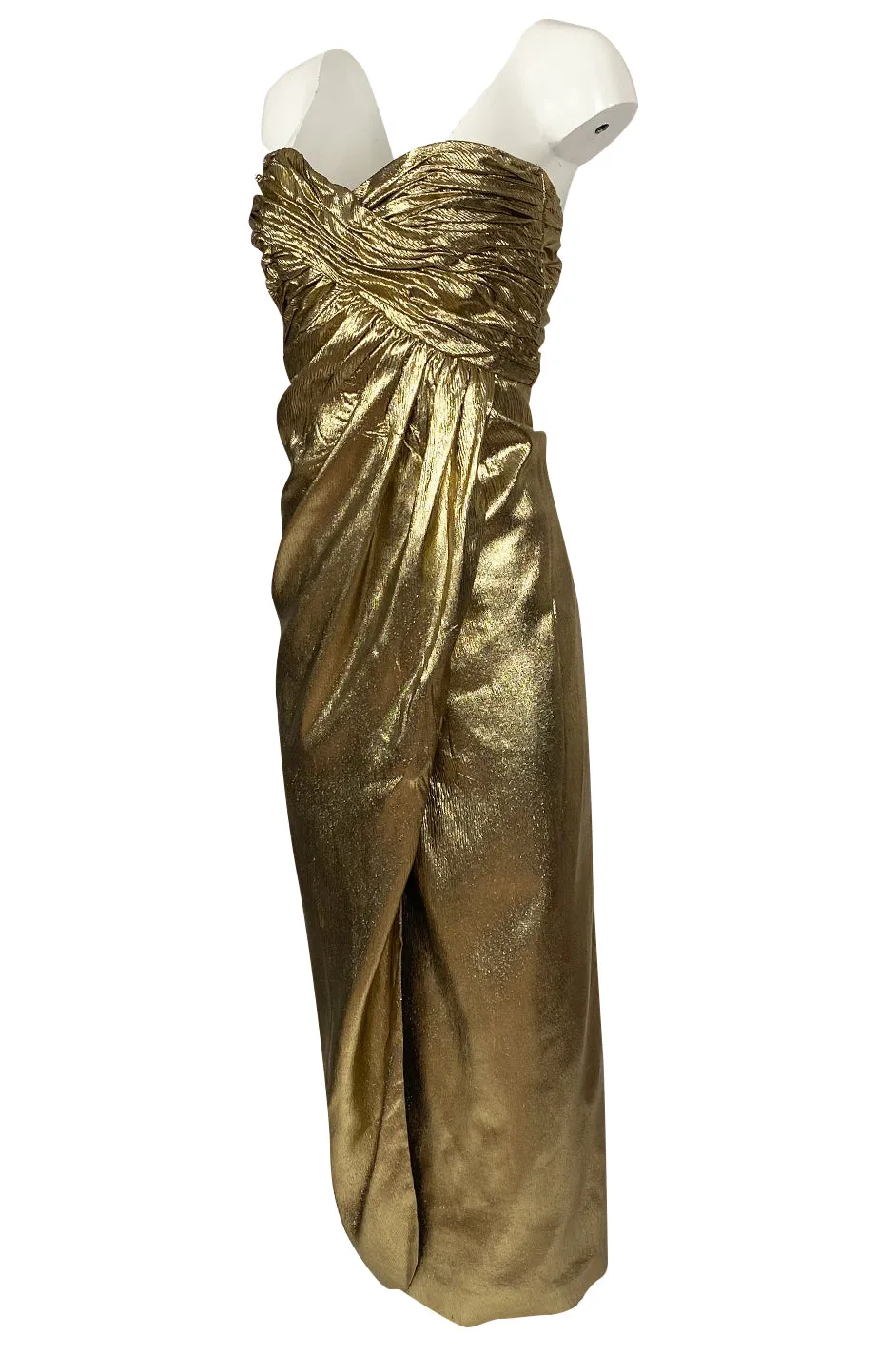 1970s Robert David Morton Gold Lame Strapless Gathered Bodice Dress
