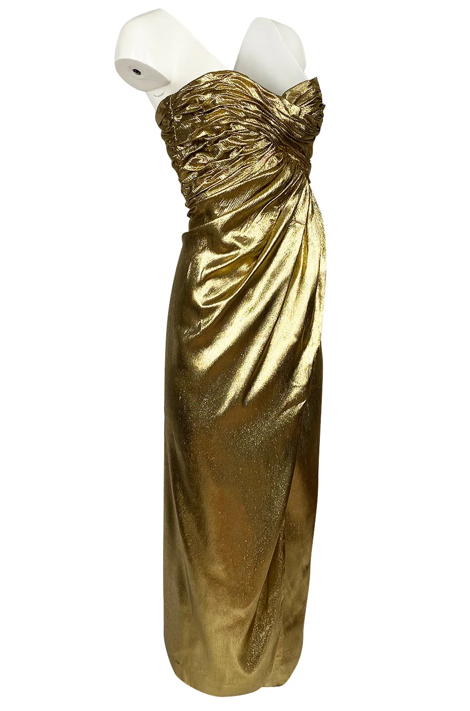 1970s Robert David Morton Gold Lame Strapless Gathered Bodice Dress