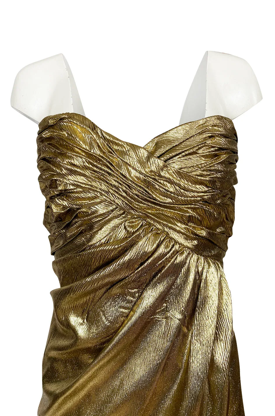 1970s Robert David Morton Gold Lame Strapless Gathered Bodice Dress