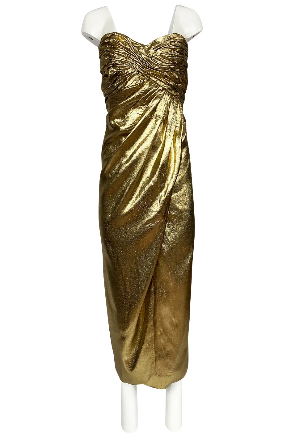 1970s Robert David Morton Gold Lame Strapless Gathered Bodice Dress