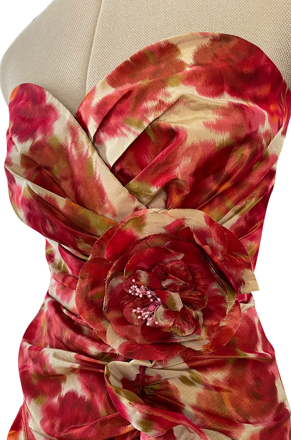 1980s Henri Bendel Washed Floral Silk Taffeta Ruffle Dres w Flower Accent at the Waist