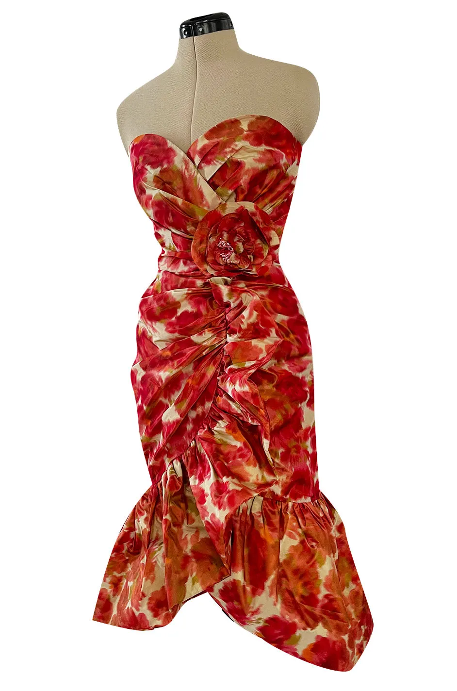 1980s Henri Bendel Washed Floral Silk Taffeta Ruffle Dres w Flower Accent at the Waist
