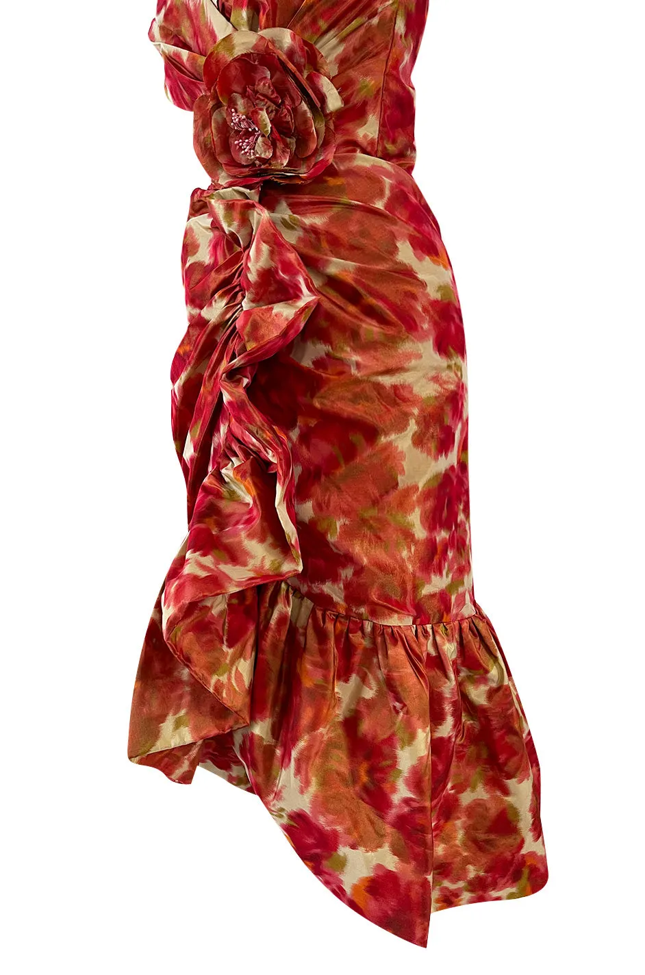 1980s Henri Bendel Washed Floral Silk Taffeta Ruffle Dres w Flower Accent at the Waist
