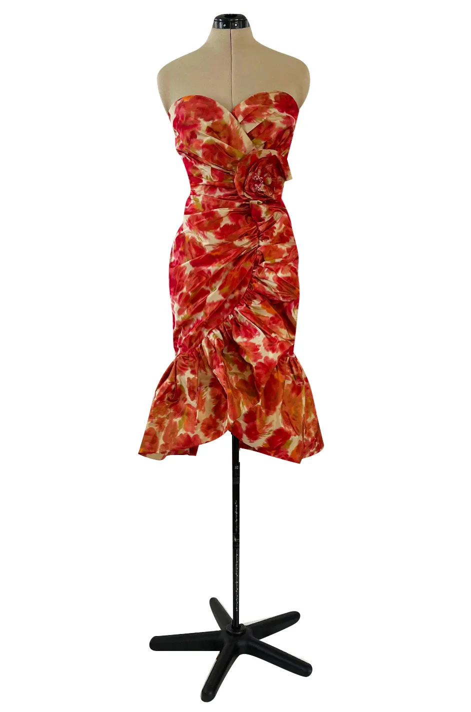 1980s Henri Bendel Washed Floral Silk Taffeta Ruffle Dres w Flower Accent at the Waist