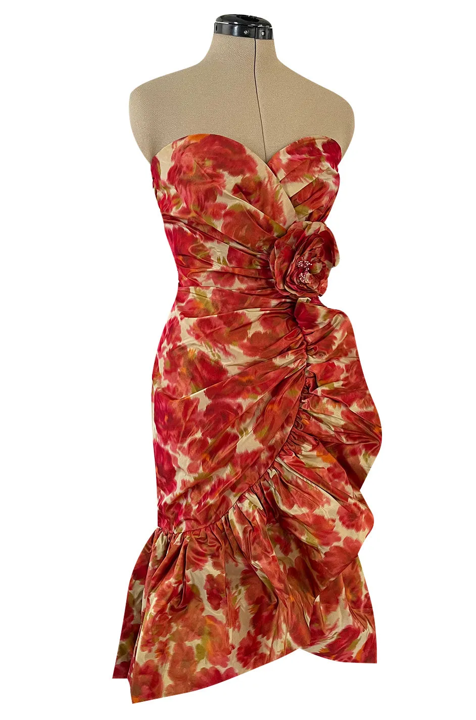1980s Henri Bendel Washed Floral Silk Taffeta Ruffle Dres w Flower Accent at the Waist