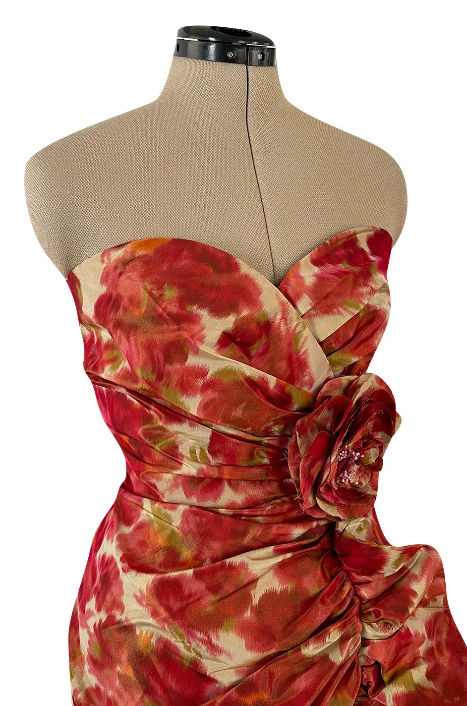 1980s Henri Bendel Washed Floral Silk Taffeta Ruffle Dres w Flower Accent at the Waist