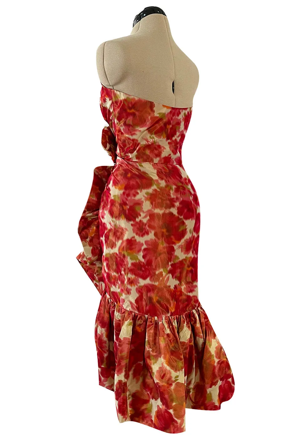 1980s Henri Bendel Washed Floral Silk Taffeta Ruffle Dres w Flower Accent at the Waist