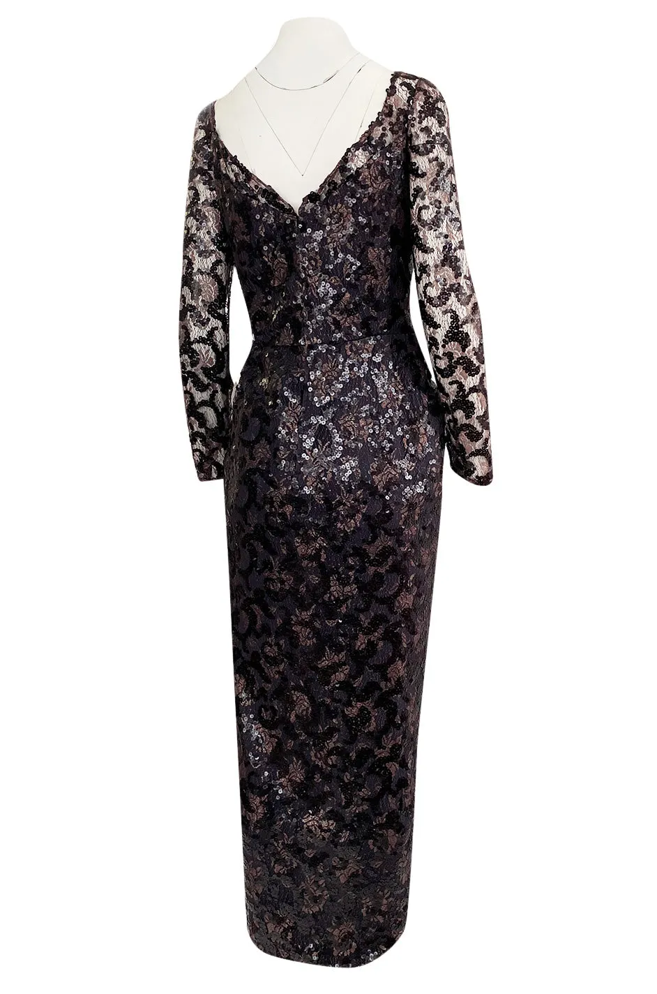 1980s Vicky Tiel Couture Fitted Metallic Net Dress w Extensive Black Sequin Detailing