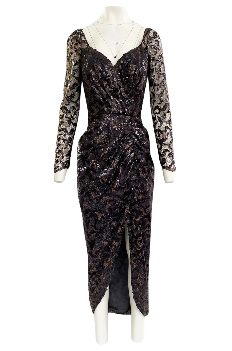 1980s Vicky Tiel Couture Fitted Metallic Net Dress w Extensive Black Sequin Detailing