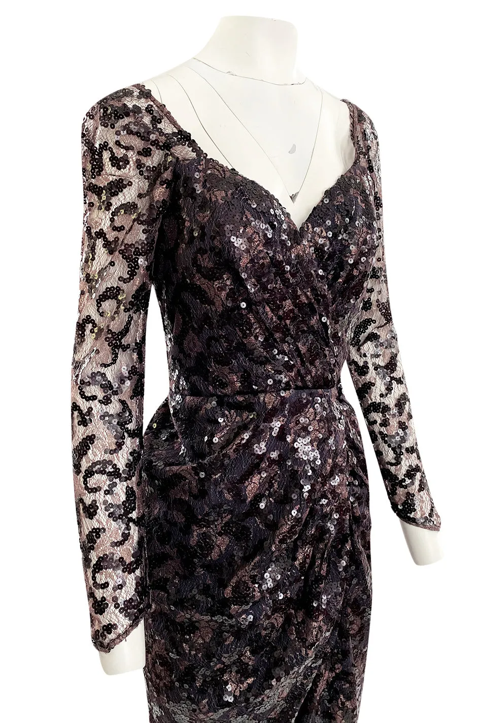 1980s Vicky Tiel Couture Fitted Metallic Net Dress w Extensive Black Sequin Detailing