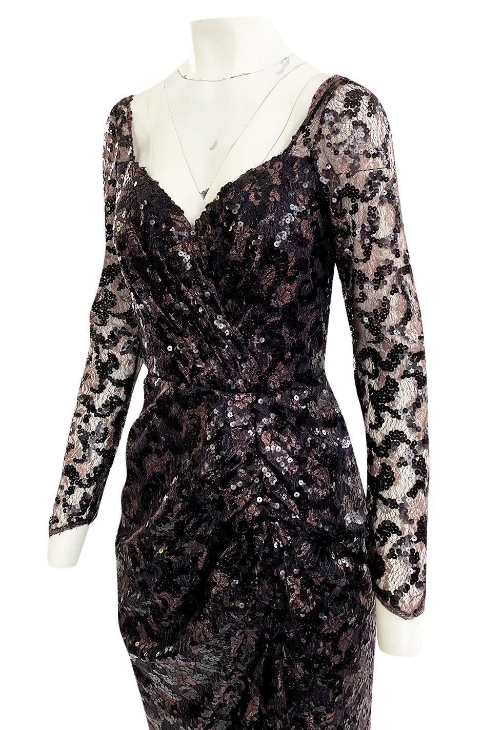 1980s Vicky Tiel Couture Fitted Metallic Net Dress w Extensive Black Sequin Detailing