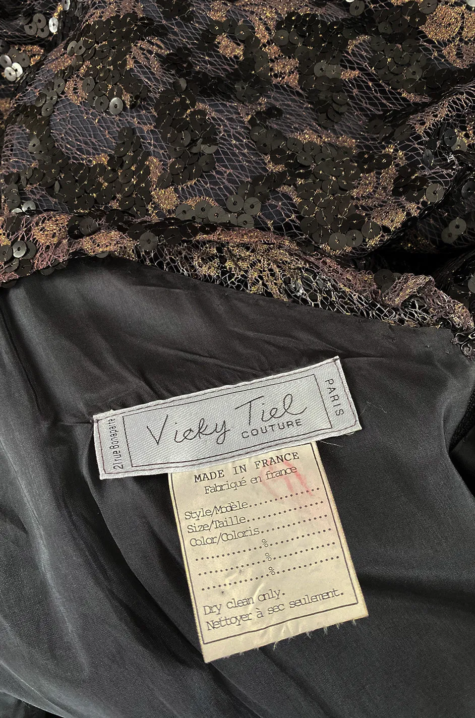 1980s Vicky Tiel Couture Fitted Metallic Net Dress w Extensive Black Sequin Detailing