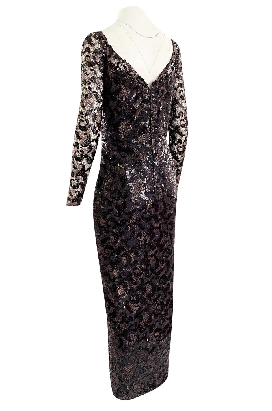 1980s Vicky Tiel Couture Fitted Metallic Net Dress w Extensive Black Sequin Detailing