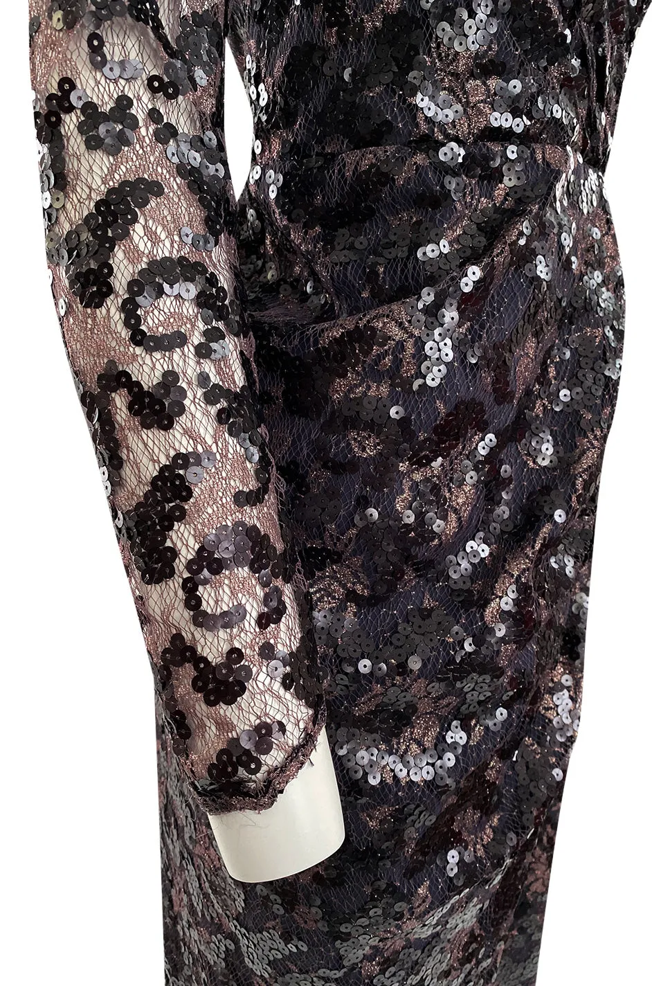 1980s Vicky Tiel Couture Fitted Metallic Net Dress w Extensive Black Sequin Detailing