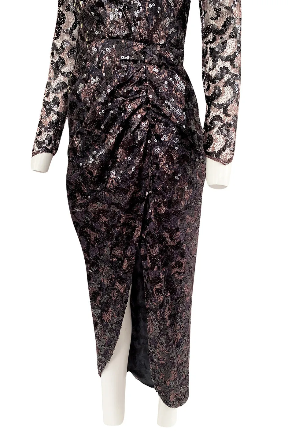 1980s Vicky Tiel Couture Fitted Metallic Net Dress w Extensive Black Sequin Detailing