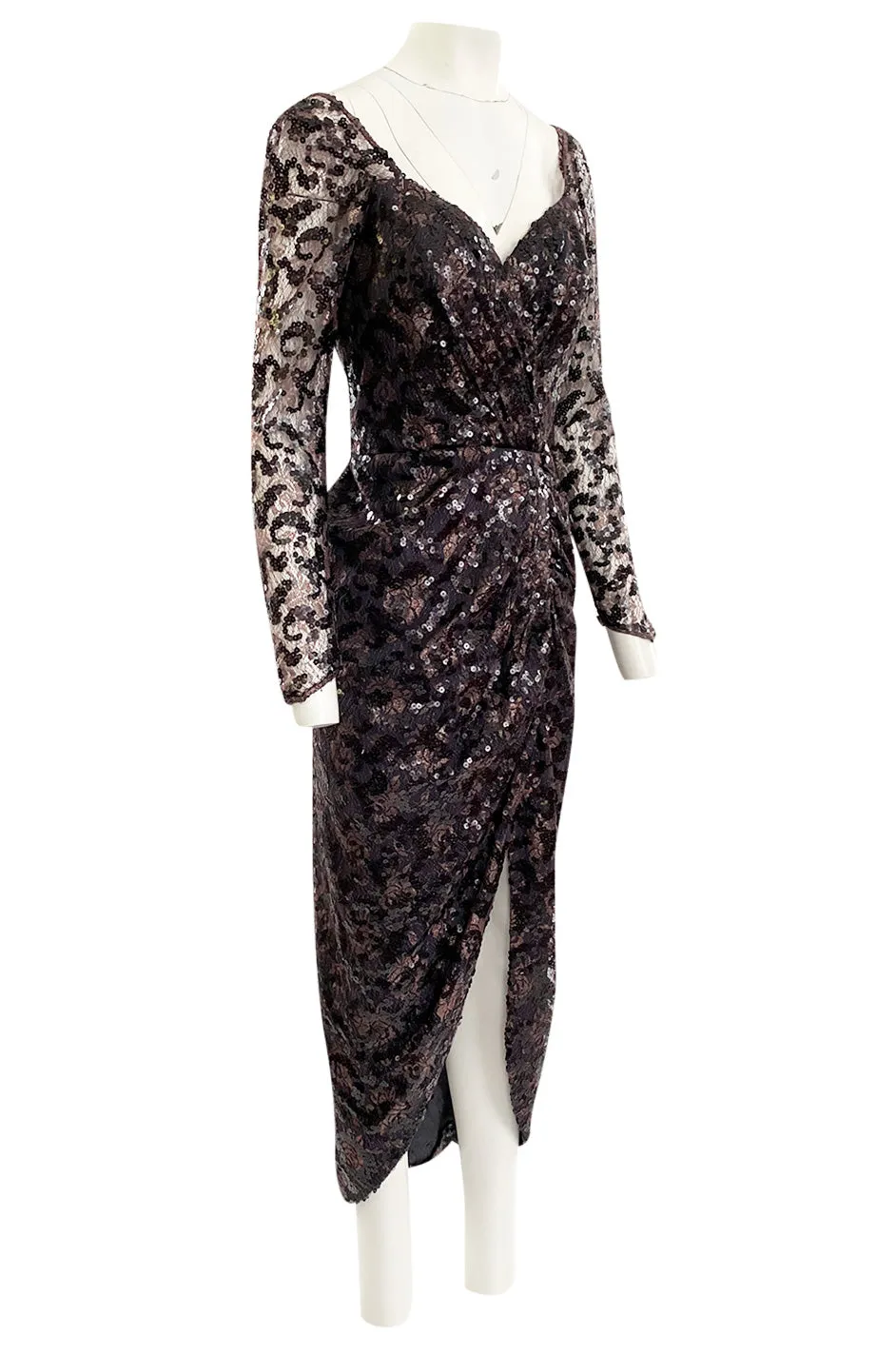 1980s Vicky Tiel Couture Fitted Metallic Net Dress w Extensive Black Sequin Detailing