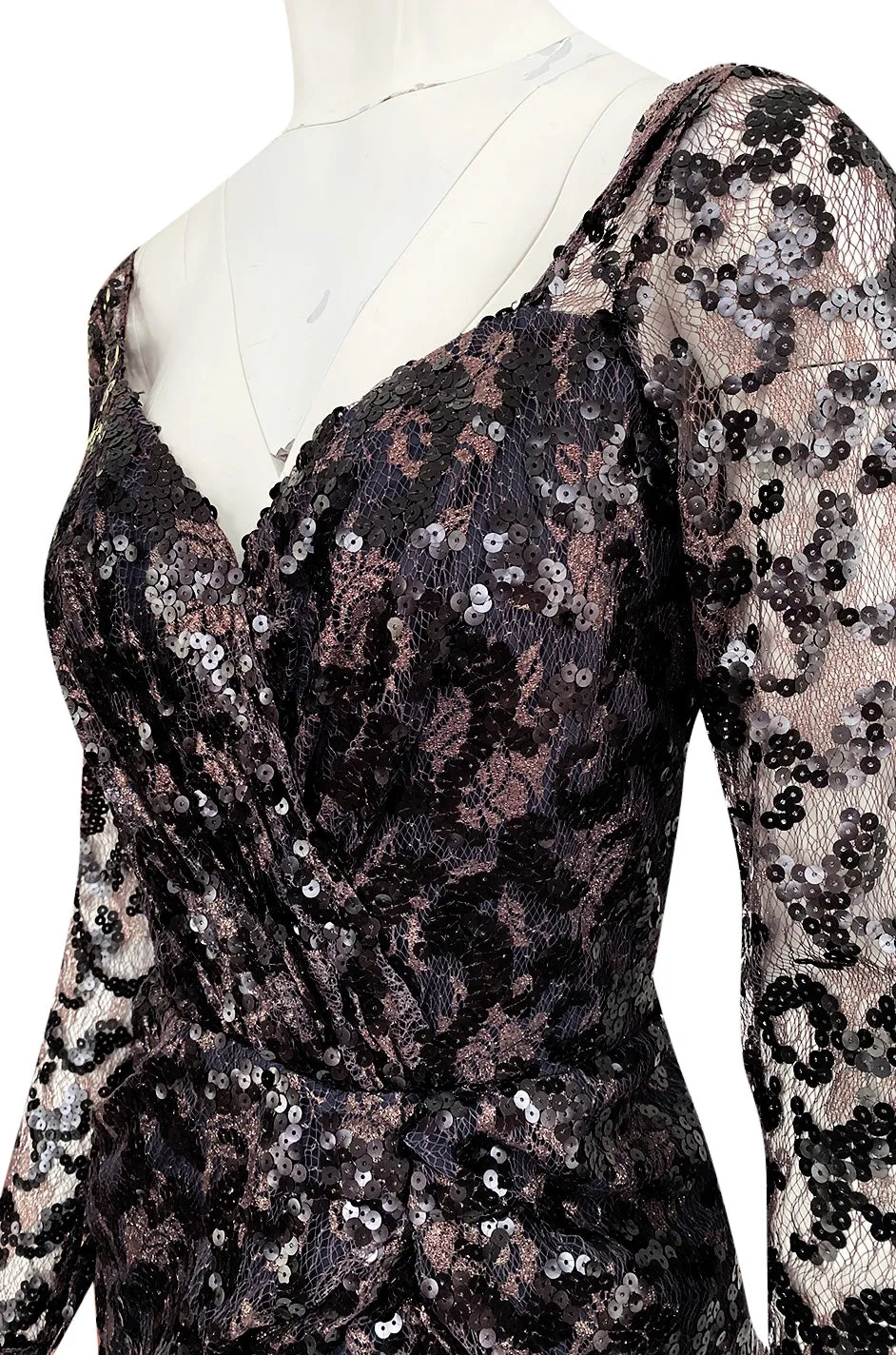 1980s Vicky Tiel Couture Fitted Metallic Net Dress w Extensive Black Sequin Detailing