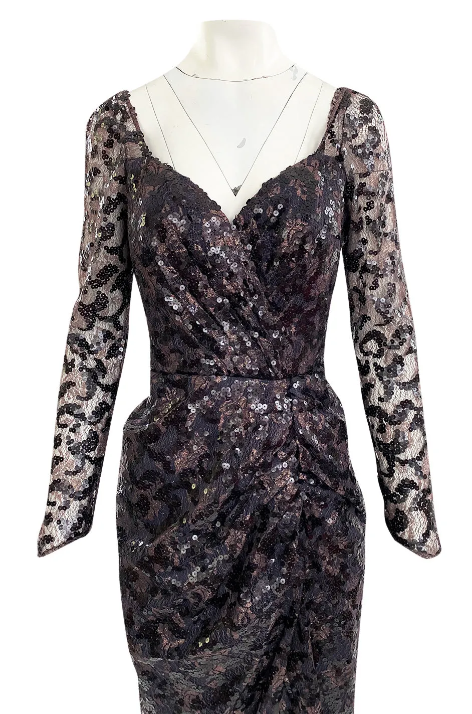 1980s Vicky Tiel Couture Fitted Metallic Net Dress w Extensive Black Sequin Detailing