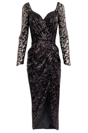 1980s Vicky Tiel Couture Fitted Metallic Net Dress w Extensive Black Sequin Detailing