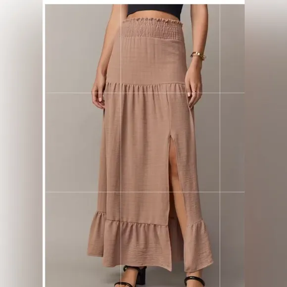 (42)New Francesca’s Shelly Ruffle Waist Tiered Slit Camel Maxi Skirt