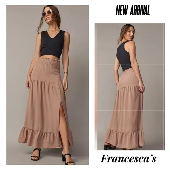 (42)New Francesca’s Shelly Ruffle Waist Tiered Slit Camel Maxi Skirt