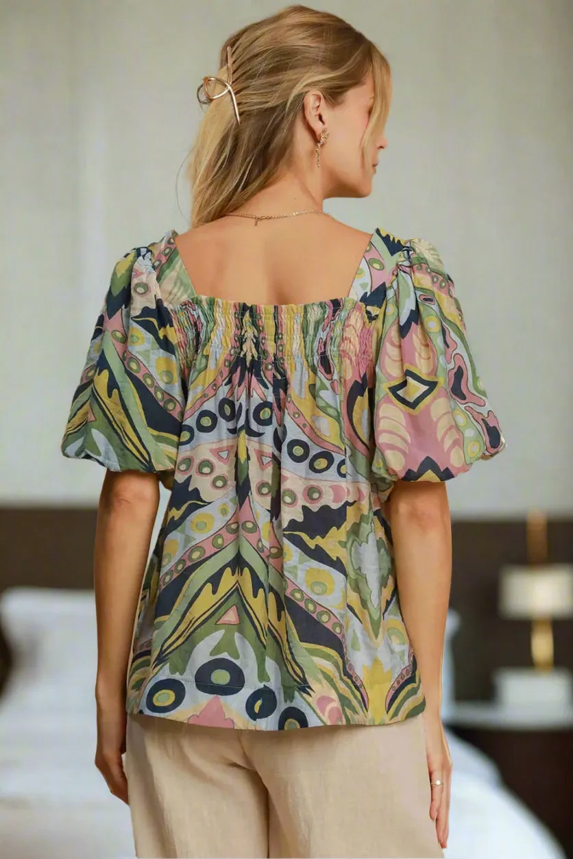 Abstract Print Smocked Square Neck Puff Sleeve Blouse