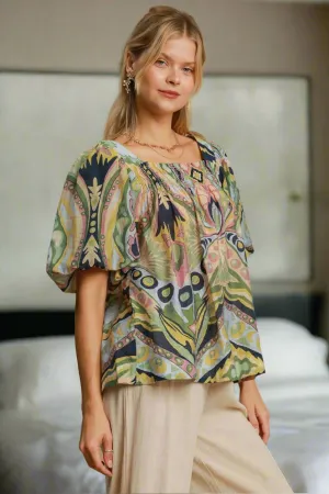 Abstract Print Smocked Square Neck Puff Sleeve Blouse