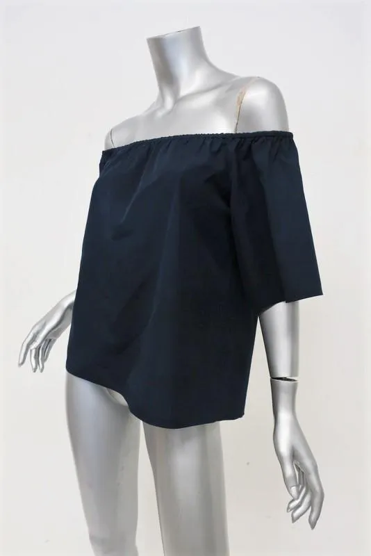 Alice   Olivia Off-Shoulder Top Crosby Navy Cotton Size Small Open Back Blouse