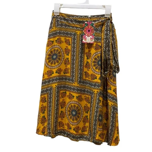 Anthropologie farm rio wrap skirt size xs Suncatcher Yellow Wrap Midi Skirt