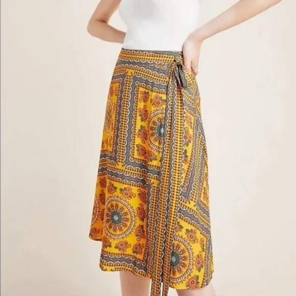 Anthropologie farm rio wrap skirt size xs Suncatcher Yellow Wrap Midi Skirt
