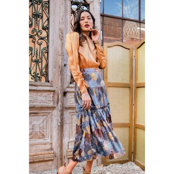 Anthropologie Fenella Maxi Tiered Floral Velvet Skirt by Eva Franco