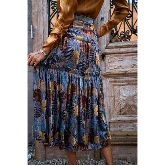 Anthropologie Fenella Maxi Tiered Floral Velvet Skirt by Eva Franco