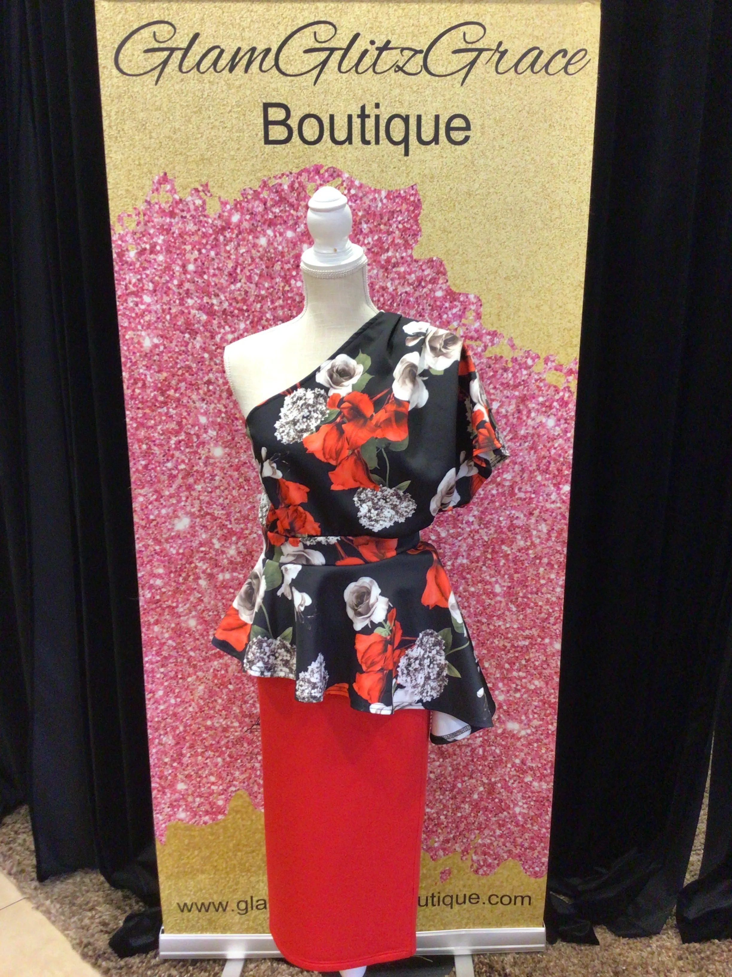 Asymmetrical Black Floral Off the Shoulder Top
