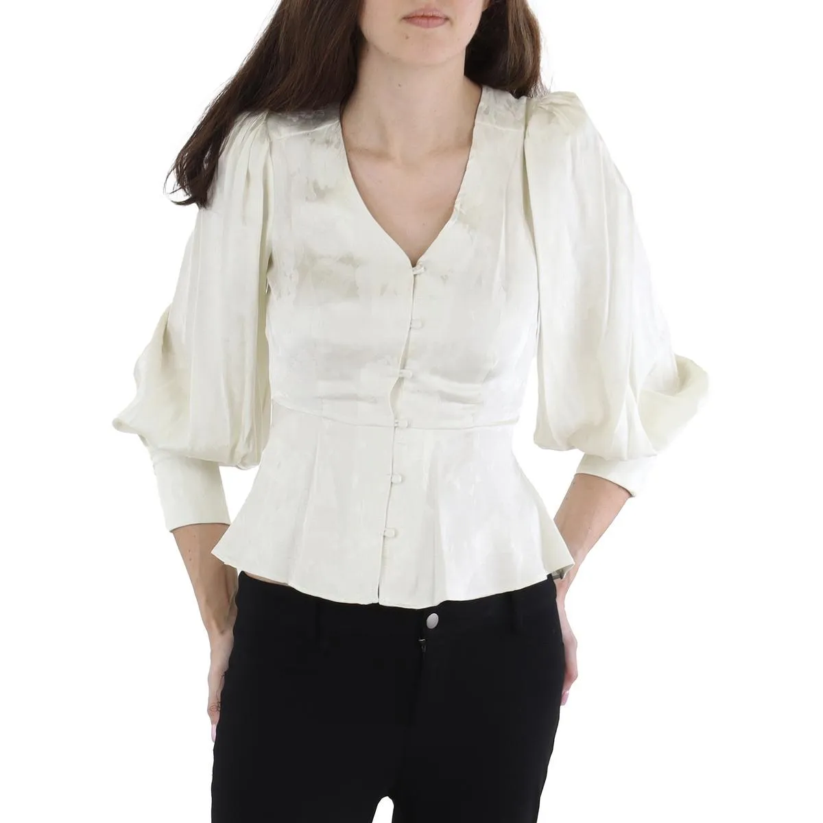 BCBGMAXAZRIA Womens Solid Satin Peplum Top