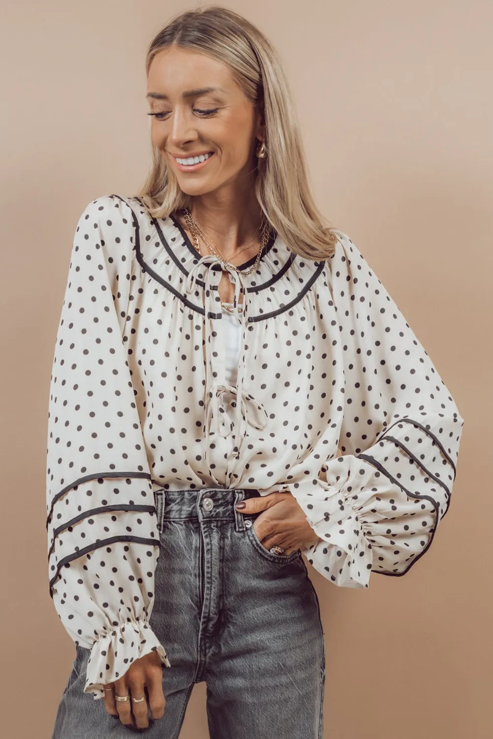 Beige Polka Dot Striped Lace-up Crew Neck Loose Fit Blouse