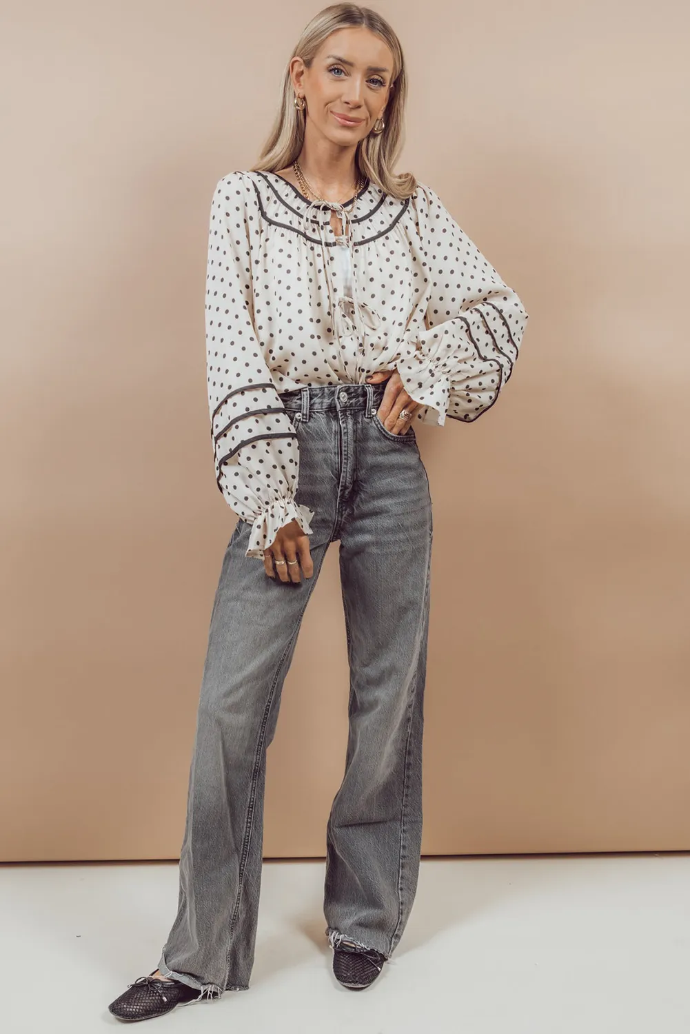 Beige Polka Dot Striped Lace-up Crew Neck Loose Fit Blouse