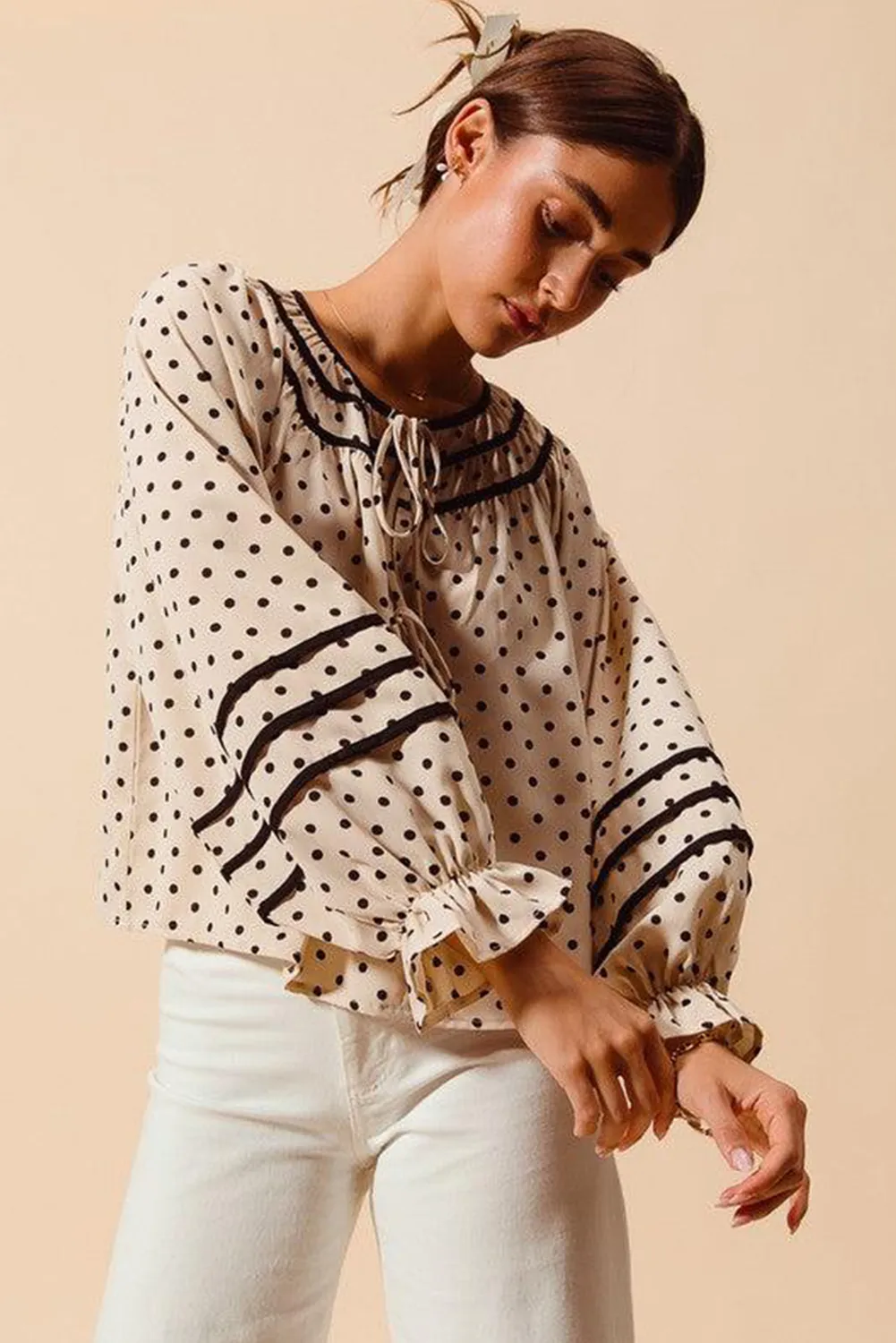 Beige Polka Dot Striped Lace-up Crew Neck Loose Fit Blouse