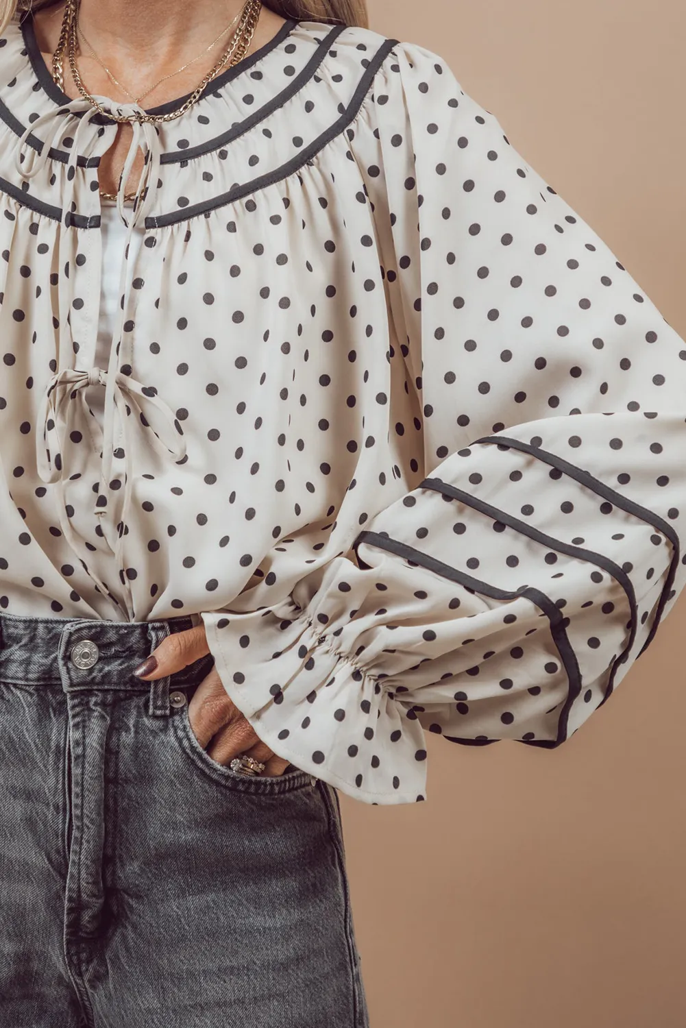 Beige Polka Dot Striped Lace-up Crew Neck Loose Fit Blouse