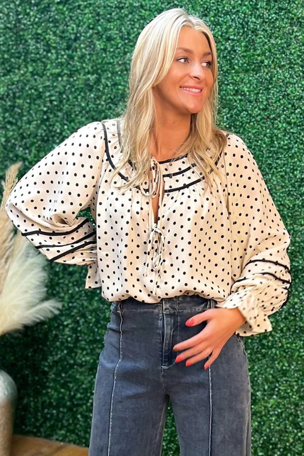 Beige Polka Dot Striped Lace-up Crew Neck Loose Fit Blouse