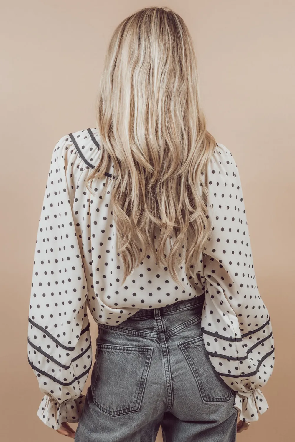 Beige Polka Dot Striped Lace-up Crew Neck Loose Fit Blouse