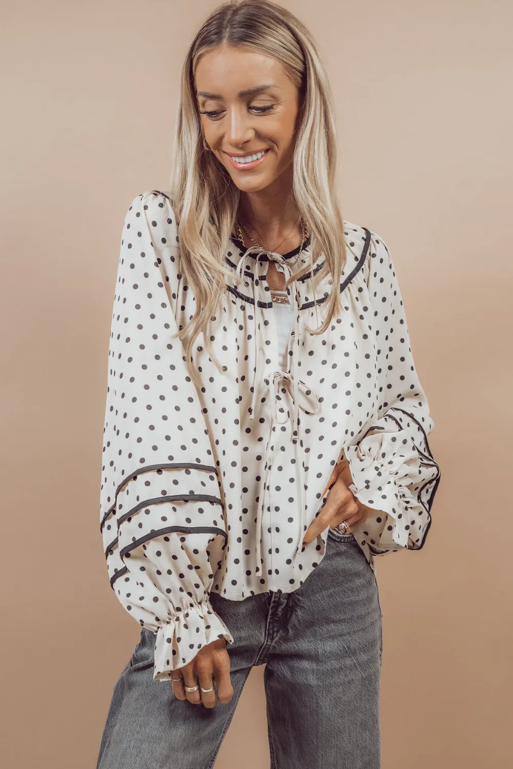 Beige Polka Dot Striped Lace-up Crew Neck Loose Fit Blouse