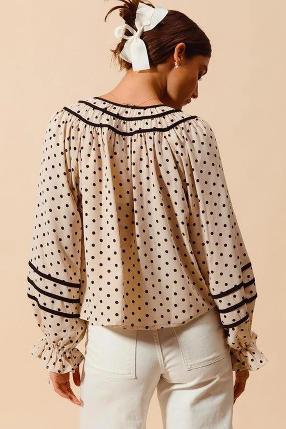 Beige Polka Dot Striped Lace-up Crew Neck Loose Fit Blouse